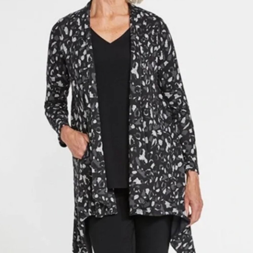 Sympli Cat's Meow Cardigan Women's Size XL  Patterned Sweater Grey Black